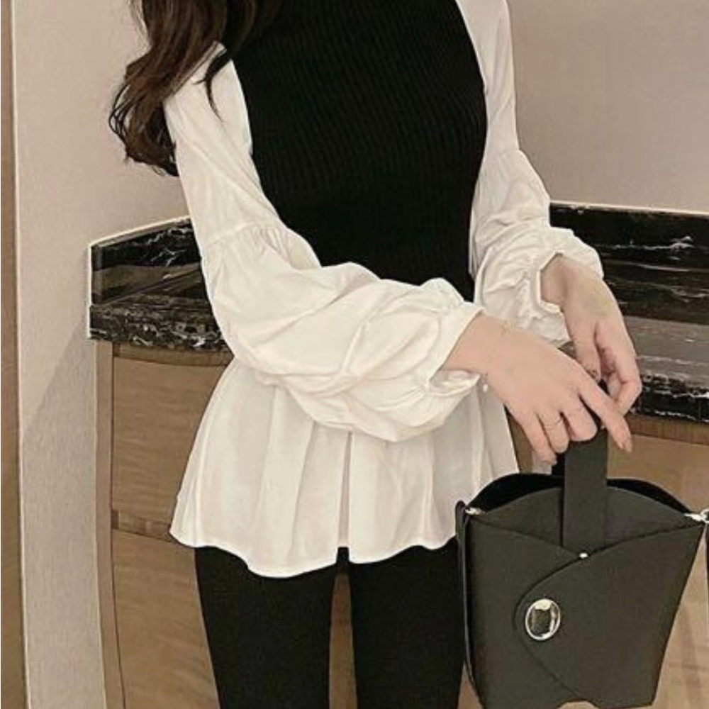 Black and White shirt sleeve knit combination sweater